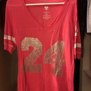 Pink v-neck baseball tee